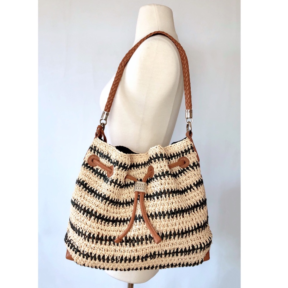 Brighton Sierra straw tan navy Hobo bag purse